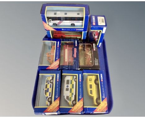 Nine Corgi die cast vehicles to include : coaches, emergency vehicles, London scene, etc, all parts boxed 