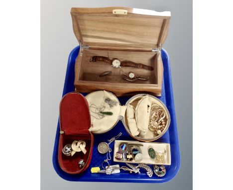 A tray containing a 20th century walnut trinket box containing lady's and gent's wristwatches, costume jewellery, simulated p