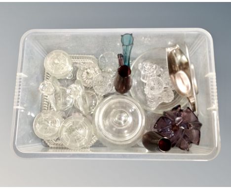 A box containing 20th century glassware including trinket set, coloured glass vases etc.