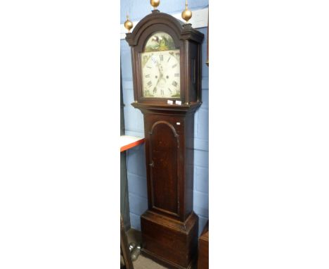 Oak longcase clock with hand painted face depicting various countryside scenes around Roman dial with subsidiary minutes, nam