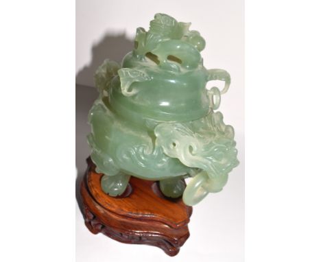 Spinach green jadeite censer and cover with carved dragon finial in original box, with stand