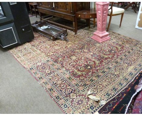 Vintage silk carpet, red and pink ground, single gulled border, medallion and floral design, 11 x 7ft (worn)