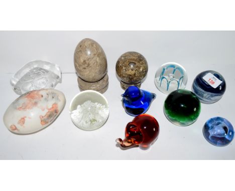 Quantity of paperweights and other items including a Wedgwood blue coloured weight of a bird, other paperweights, ceramic she