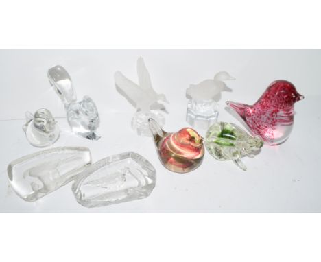 Quantity of paperweights modelled as birds and animals including a Goebel duck, a Baccarat squirrel, another Goebel duck etc 