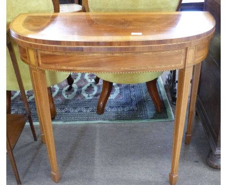 Fold-top card table with inlaid and cross banded decoration, width approx 91cm