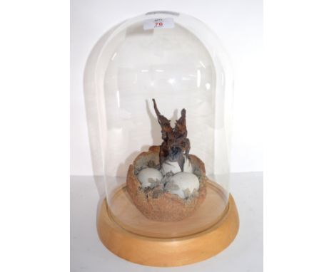 Ceramic sculpture of a baby dragon coming out of an egg, the sculpture under a glass dome, 36cm high