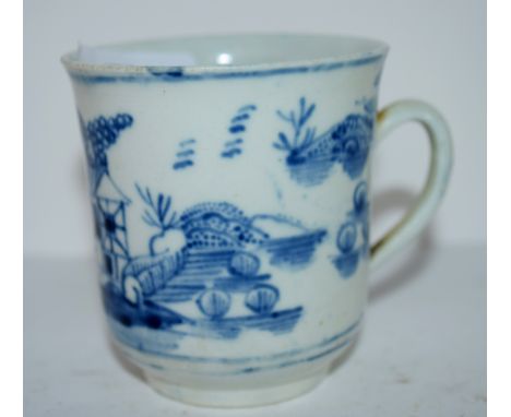 Early Worcester bowl shaped coffee cup with blue and white chinoiserie design (crack to handle)