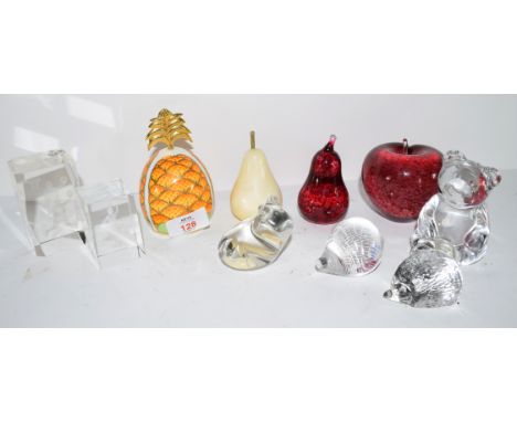 Quantity of paperweights and other items including a Royal Worcester model of a pineapple, glass models of teddy bears, Wedgw