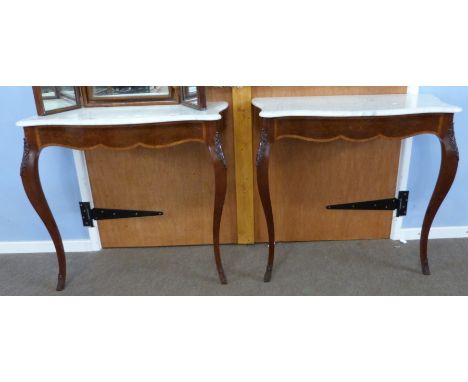 Pair of marble topped console tables with applied carved decoration, width approx 86cm max