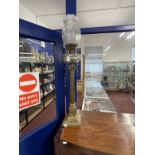 Victorian brass Corinthian column oil lamp, stepped base with laurel wreaths, reeded column, clear