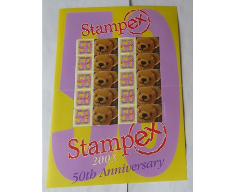 Great Britain 2003 Stamps Autumn Stampex 50th Anniversary Royal Mail Smilers Sheet, Tex x Teddy Bear First Class. Edition of 