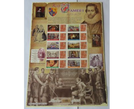 GB 2010 King James I, Royal Mail / Bradbury History of Britain Sheet no 54.10 first class stamps with labels attached. Limite