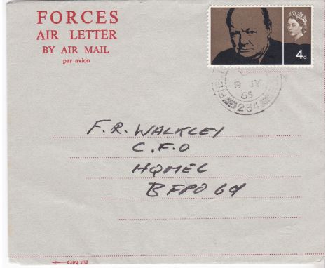 Great Britain - 1965 (8th Jul)  Churchill 4d on Forces Air Letter with First Day Forces Post Office 23 C.D.s pmk w/a.