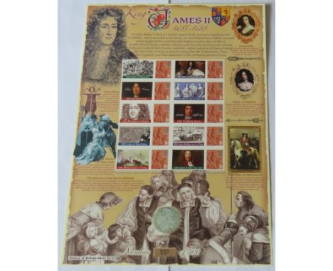 GB 2010 James II 1685-1688, Royal Mail / Bradbury History of Britain Sheet no 61. 10 x England first class stamps with labels