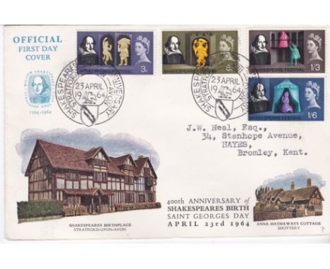 Great Britain 1964 (23 April) Shakespeare Phosphor Set Official First Day Cover Stratford 400th Anniversary