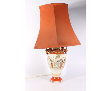 Japanese Kutani ware porcelain baluster table lamp with temple dog handles, vase height 30cm. 