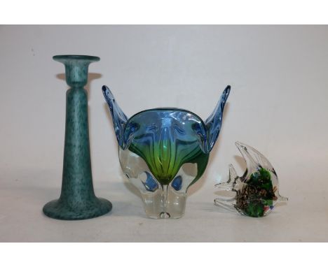 A Dal Bargo of Venice, an art glass angel fish paperweight, label to the base, 11.5cm tall, a art glass 'Cat's Head' vase in 