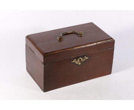 Antique mahogany hinge top tea caddy, the lid opening to reveal a sectioned interior with two white metal cannisters, 23cm wi