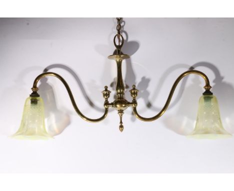 Brass twin arm light fitting with a pair of opalescent trumpet glass shades.&nbsp; 
