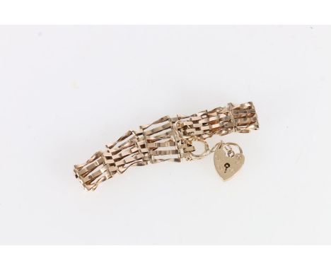 9ct gold four bar gate link bracelet with heart lock closure, maker ASJ, London, 1977, 10.8g. 
