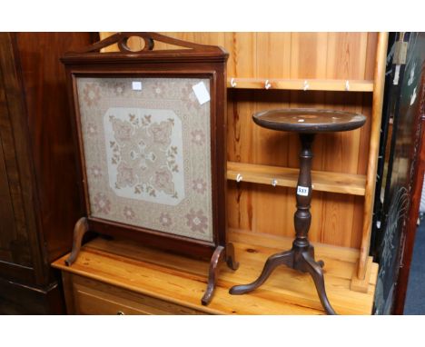 Victorian mahogany and inlaid wine table, raised on tripod base, 55cm tall and a mahogany tapestry firescreen. 