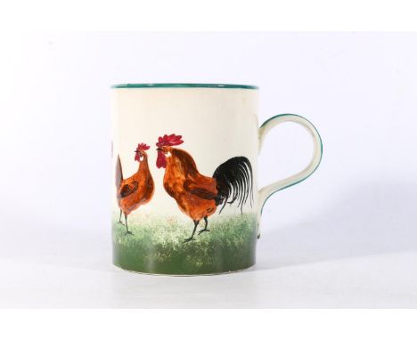 Robert Heron and Sons Wemyss Ware Scottish pottery tankard decorated with cockerel and hens, impressed marks to base and red 