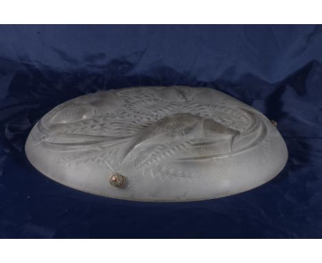 PIERRE D'AVESN, a French Art Deco style frosted glass ceiling light decorated with birds and foliage pattern, 30cm diameter. 