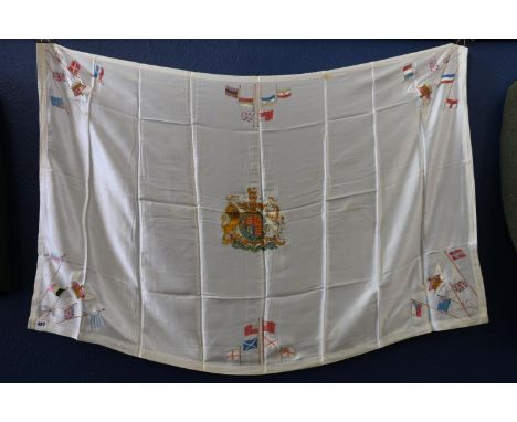 Silk tablecloth with hand painted crest of Britain and allied countries flags, 82cm x 130cm. 