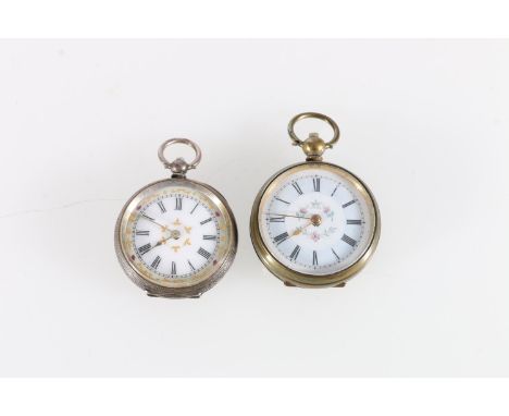 Silver cased lady's pocket watch with decorated ceramic dial, and a brass cased lady's pocket watch.&nbsp; 