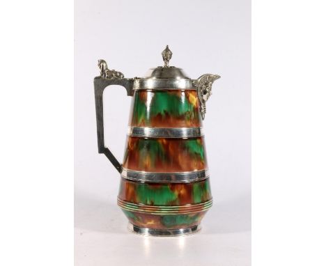 Wedgwood majolica pottery ewer, having white metal mounts in the Egyptian Revival style by Thomas Harwood &amp; Sons of Birmi