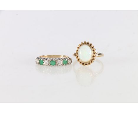 9ct gold CZ and greenstone set dress ring and a 9ct gold opal set dress ring, size N and size L, 4.4g. 