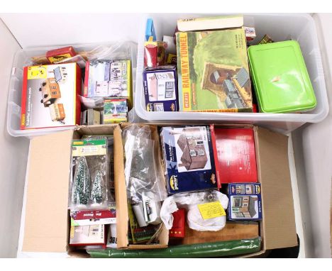 Three large boxes of 00 gauge scenics, buildings, vehicles, electricals, and other items of interest to a 00 gauge modeller, 