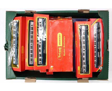 One tray containing Triang and Hornby BR mrk1, mrk2, and mrk3 blue and grey coaches, including a mail coach, a modern Bachman