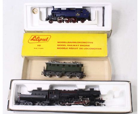 Three Liliput Bachmann HO gauge locos, including an EBT 103 green electric loco, missing box insert, a blue V1 883 2-6-2 loco