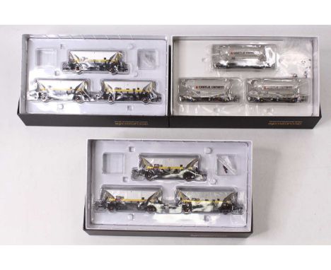 Three Accurascale 00 gauge triple wagon packs, including two BR/EWS HAA hopper packs and an STS bulk cement wagon triple pack