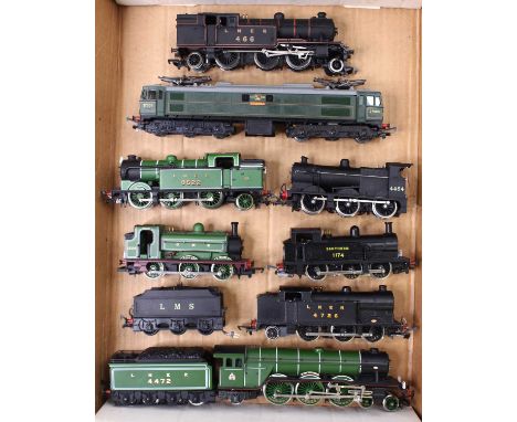 A collection of eight unboxed locos, including a Bachmann V1 class 2-6-2T loco in LNER black, No. 466, a Hornby J13 0-6-0ST t