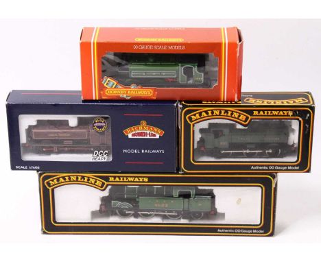 Four 00 gauge locomotives, including a Mainline Class 57xx pannier tank in GWR green, No. 5764; a Mainline LNER Class G2 tank