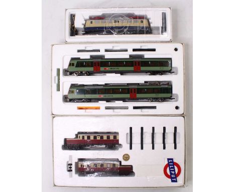 Three HO Scale Liliput Bachmann locos to include a 14455 Switzerland 2-car railcar, in two-tone green, with red ends, a 17797