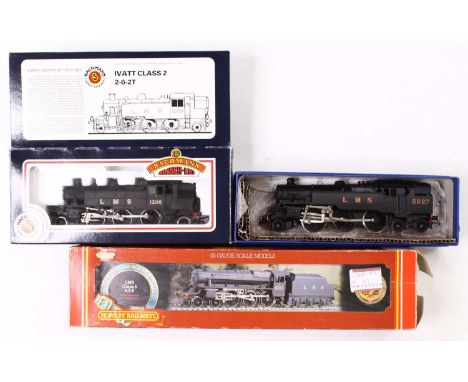 Three 00 gauge LMS locos, including a Bachmann Ivatt 2P 2-6-2 tank, A Hornby black 5, in LMS lined black, and an LMS 2-6-4 ta