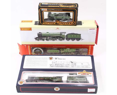 Four 00 gauge LNER locos, including a Hornby D49/1 in LNER green, a Mainline J72 tank loco in LNER green, a Bachmann V2 loco 