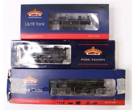 Three Bachmann 00 gauge locomotives, including an L&amp;Y 2P 2-6-2 tank in BR black with the early emblem, a 9F in BR black, 