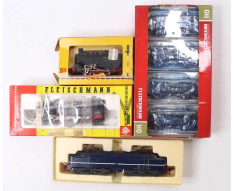 Three Fleischmann HO locos, and a four-coach pack, locos include a BR 80 class, 0-6-0 tank, a BR class 94 0-10-0 tank, and a 