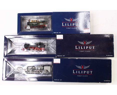 Three HO gauge Liliput Bachmann locos, including an xb366 0-8-0 tank engine in repainted green, a BR91 in black, with red cha