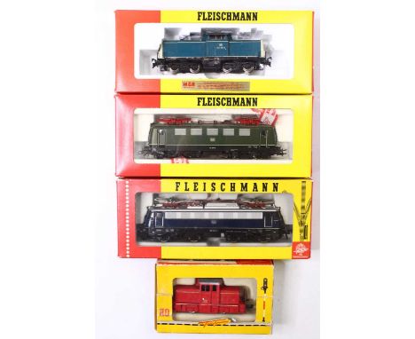 A collection of HO gauge Fleischmann diesel and electric locos, including a 0-4-0 red diesel shunter, no. 1306, with some pai