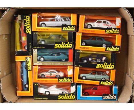 One tray containing 12 various boxed Solido 1/43 scale diecast vehicles to include a Peugeot 604, a Simca Horizon, and an Alp