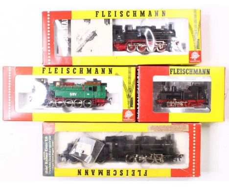 A collection of four Fleischmann steam locos, including, 4010, a 0-6-0 tank engine, in DB black, a 0-10-0 tank engine in gree