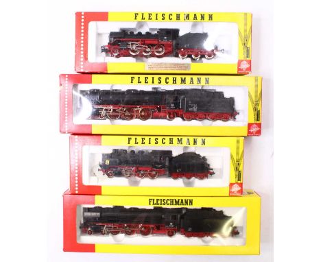 A collection of four Fleischmann German steam locos, including two 4141 DB BR 24 locos, and two DB BR 01 locos, all in black 