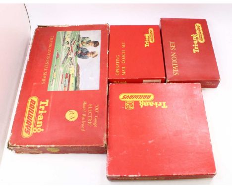 Four Triang train sets, including an R7X Transcontinental series set, comprising a loco and tender, two silver coaches, and a