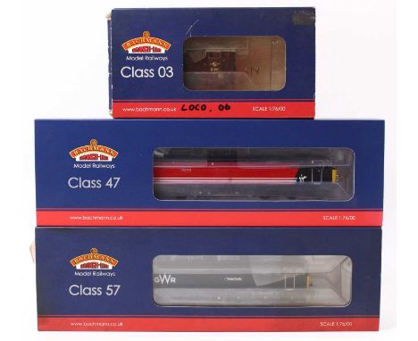 Three Bachmann 00 gauge diesel locos, including a class 03 in BR plain green, late crest, a class 47/4 in Virgin Trains liver