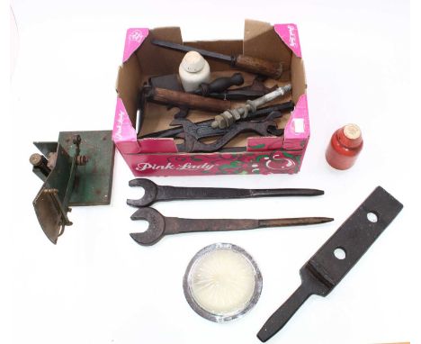 Collection of mixed railway related hand tools, cast iron wrenches, track equipment, insulators and other items